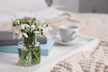 Beautiful snowdrops, books and cup of coffee on tray in bedroom. Space for text