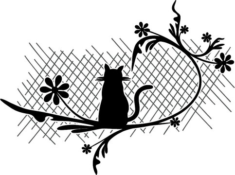 Wandtattoo Katze auf Blumenranke Vektor