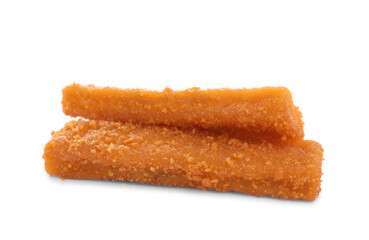 Fresh breaded fish fingers on white background