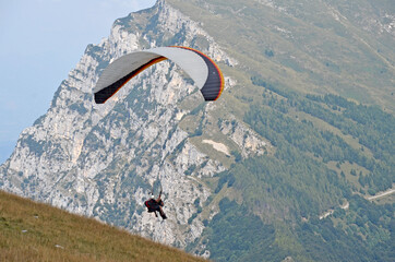 Flying on a paraglider.  View of the Monte Baldo mountain, Italy, from a height.