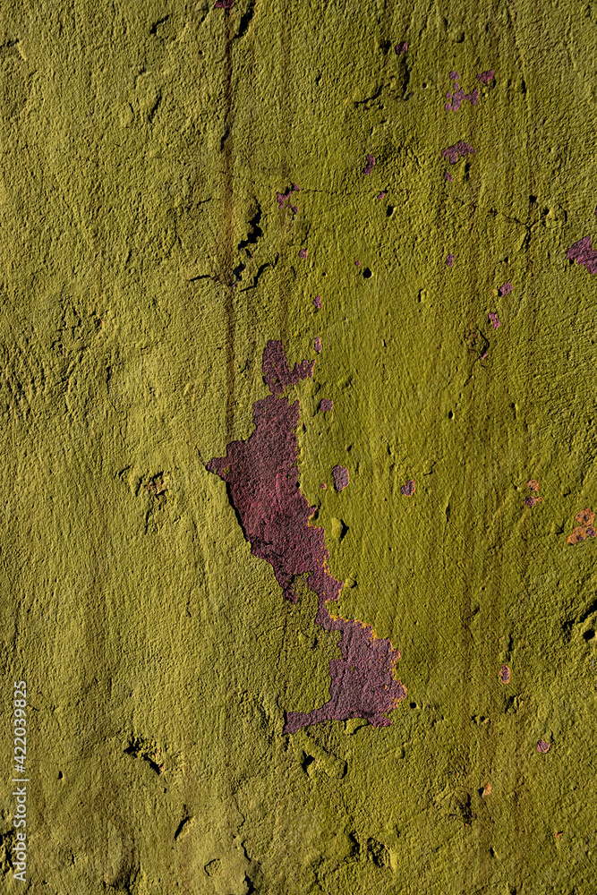 Wall mural surface of crumbling old plaster painted green in sunlight.