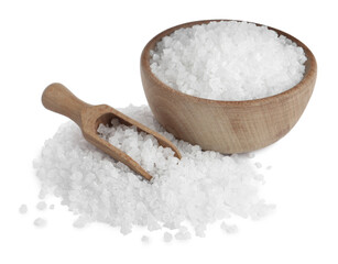 Fototapeta na wymiar Natural sea salt, wooden bowl and scoop on white background