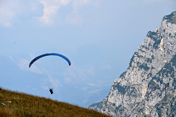 Flying on a paraglider.  View of the Monte Baldo mountain, Italy, from a height.