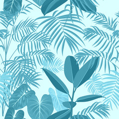 Tropical jungle palm leaves seamless pattern, vector blue background