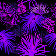 Neon blue and purple seamless pattern with tropical leaves of palm tree.