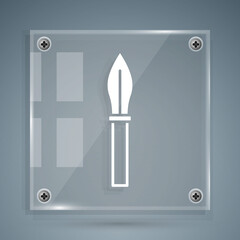 White Medieval spear icon isolated on grey background. Medieval weapon. Square glass panels. Vector