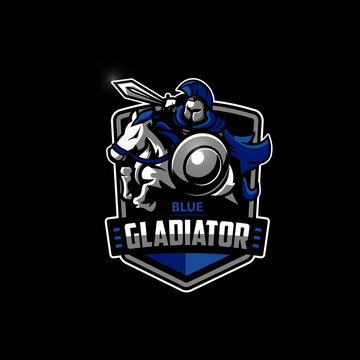 Blue Gladiator using sword with horse esports logo
