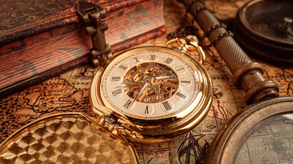 Fototapeta na wymiar Vintage pocket watch. Vintage background Concept of time history.