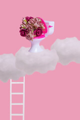 Creative funny idea  made of toilet bowl with many colorful flowers white clouds and ladder on pastel pink background.