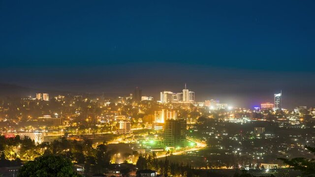 Night timelapse video of Kigali city centre skyline and surrounding areas, Rwanda