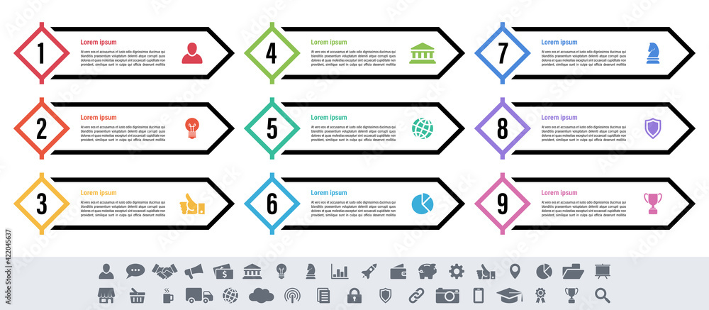 Wall mural infographic design business concept vector illustration with 9 steps or options or processes represe