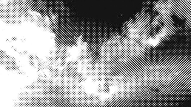 Clouds in timelapse stylized in a grid of dots, like a comic or manga animated. Anime in 4K/UHD - Retro style in black and white.