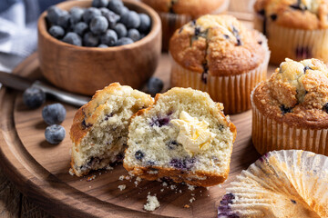 Blueberry Muffins on a Wooden Platter