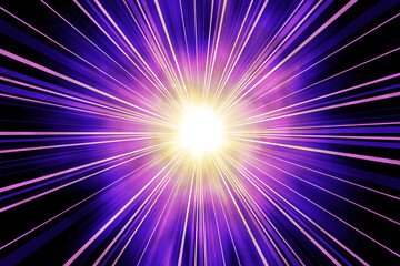 光輝く集中線、紫色の星雲、中央がまぶしく光る、超新星爆発のイメージ	