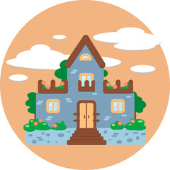 house flat Icon vector. flat design castle with trees and flowers in a circle