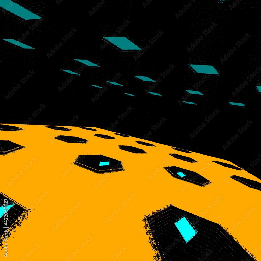 Poster patterns and intricate 3d designs from repeating cube pattern in shades of turquoise on a vivid yell