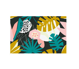 Abstract pattern with plant elements, with papaya leaves, monstera, palm leaves