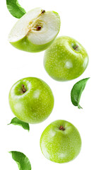 ripe apples group, slices and leaves flying on white background