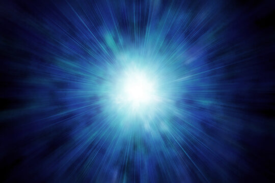 光輝く集中線、青白い星雲、中央がまぶしく光る、超新星爆発のイメージ	