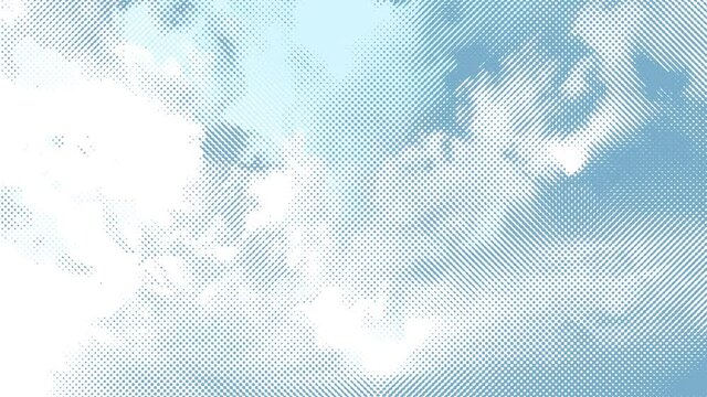 Stylized timelapse of clouds in a grid of dots, like a comic book or animated manga. Anime in 4K/UHD - Retro style in blue and white.