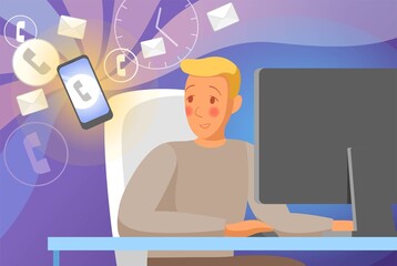 Cartoon man. Person with a phone. Modern life with a smartphone. Distract from work. Annoying notifications. Man sitting in front of a computer