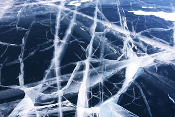 View of the beautiful transparent blue ice of frozen Baikal Lake