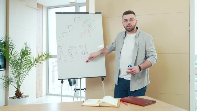young confident business man in casual clothes holds an online meeting presentation or training using a whiteboard. Businessman or coach explaining and looking at camera. teaches at home. Webcam view