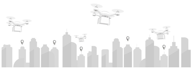 Delivery drone with the cardboard box flying over the town. Quadcopter carrying a package to customer. ityscape background flat horizontal.