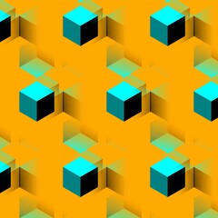 patterns and intricate designs from repeating cube pattern in shades of turquoise on a vivid yellow gold background