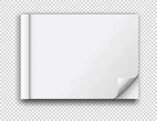 Open blank album or magazine with curled corner and soft shadow. Realistic empty template or mock up isolated on transparent background. Vector illustration, eps 10.