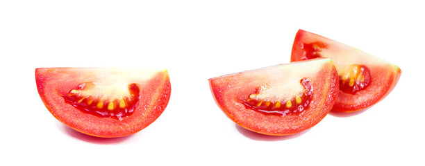 Fresh tomato slices set isolated on white background.