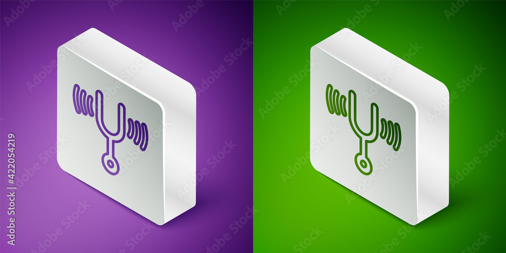 Poster isometric line musical tuning fork for tuning musical instruments icon isolated on purple and green 