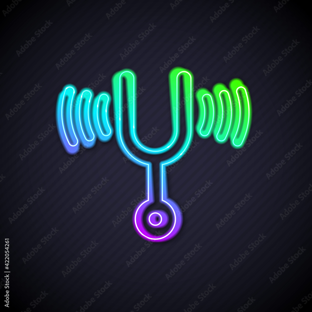 Poster glowing neon line musical tuning fork for tuning musical instruments icon isolated on black backgrou