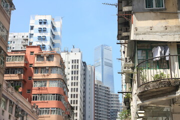 Modern Skyscrapers and Old Buildings in Kowloon, Hong Kong