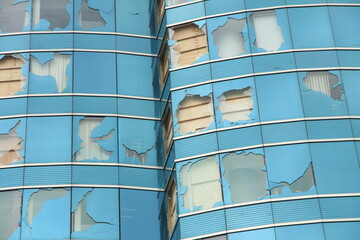 Broken Glasses of a Commercial Building in Hong Kong after Typhoon made Landfall