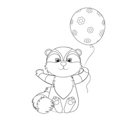Cute cartoon raccoon with balloon. Black and white vector illustration for coloring book