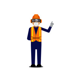 A vector of men wearing personal protective equipment at factory to avoid hazard and coronavirus.