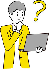 パソコンを使って仕事をする若い男性、困り顔、黄色とグレーのイラスト、ベクター