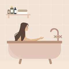 Person taking a bath. Women in bathroom. Vector illustration 