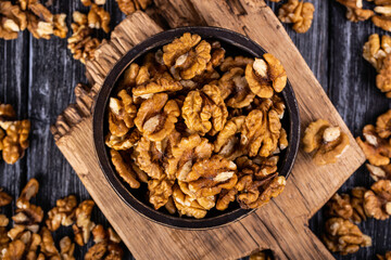 Many delicious walnuts. Walnut, healthy food ingredient.