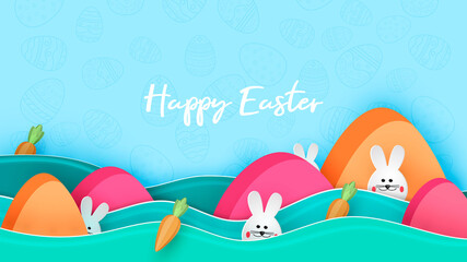 Happy easter day in paper art style with bunny and eggs vector illustration.Easter hunt