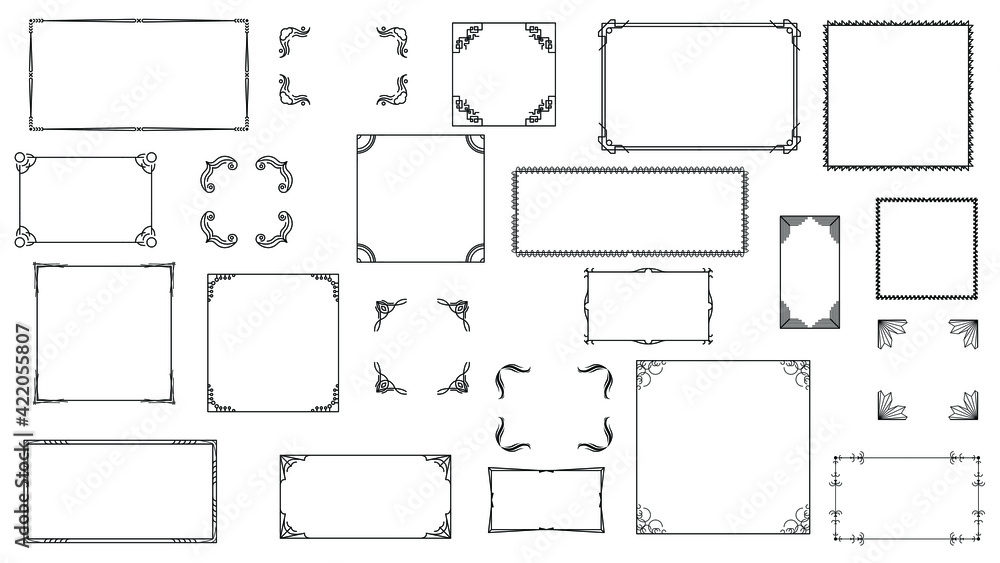 Poster set black simple line frame collection doodle square floral frame elements vector design style sketc