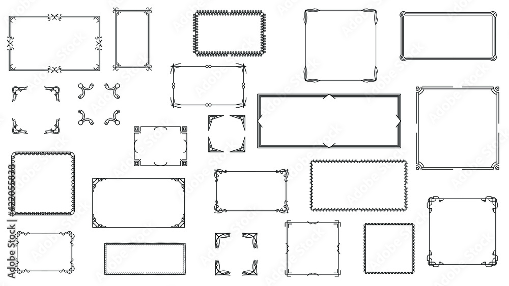 Poster set black simple line frame collection doodle square floral frame elements vector design style sketc