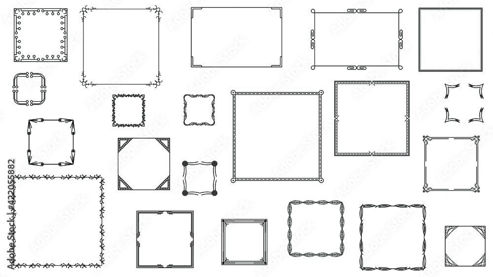 Poster set black simple line frame collection doodle square floral frame elements vector design style sketc