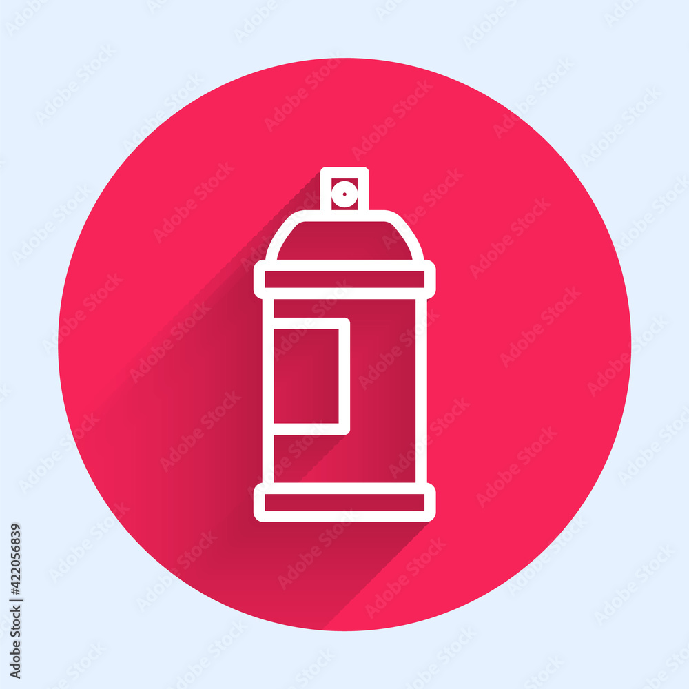 Poster white line paint spray can icon isolated with long shadow. red circle button. vector