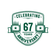 67 years anniversary celebration shield design template. 67th anniversary logo. Vector and illustration.