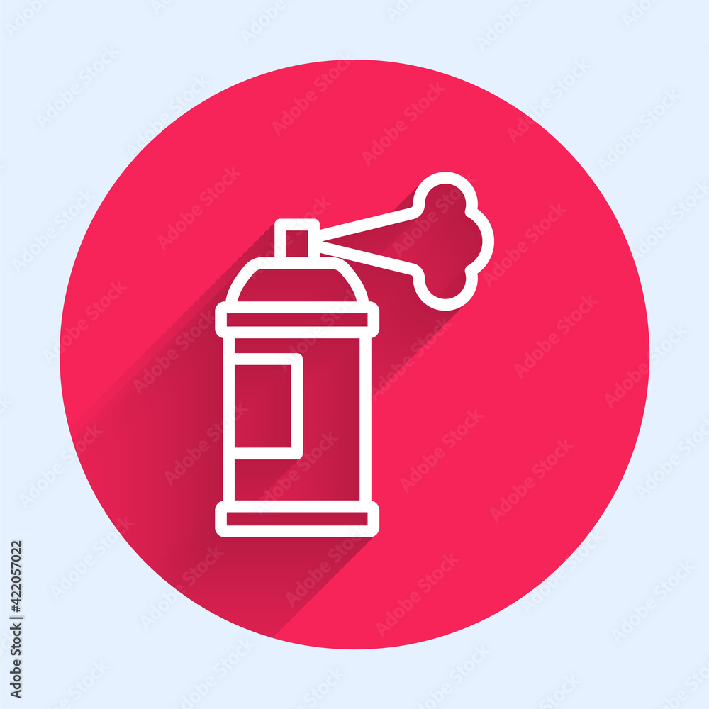 Poster white line paint spray can icon isolated with long shadow. red circle button. vector