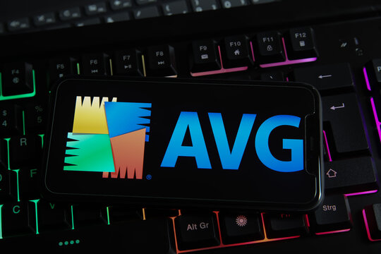 Viersen, Germany - March 1. 2021: Closeup of mobile phone with logo lettering of avg anti virus computer security software on keyboard