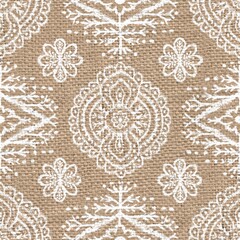 Seamless burlap with white paint pattern overlay. High quality illustration. Real burlap fabric texture with digital pattern on top for print in various surface design uses. Great for interiors.