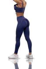 legs girl in blue leggings and top stay back on a white background